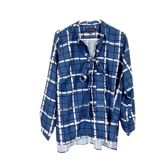 Eloquii Tops - Eloquii Woman's Sz 18 Navy Blue and White‎ Window Pane Plaid Tie Neck Bow